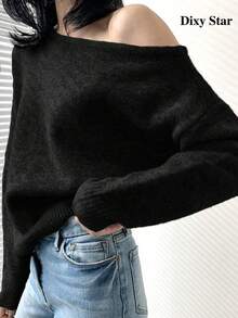 Women's Mohair Sweater Cold Shoulder Off Shoulder Asymmetrical Loose Slouchy Top - Black - View 2
