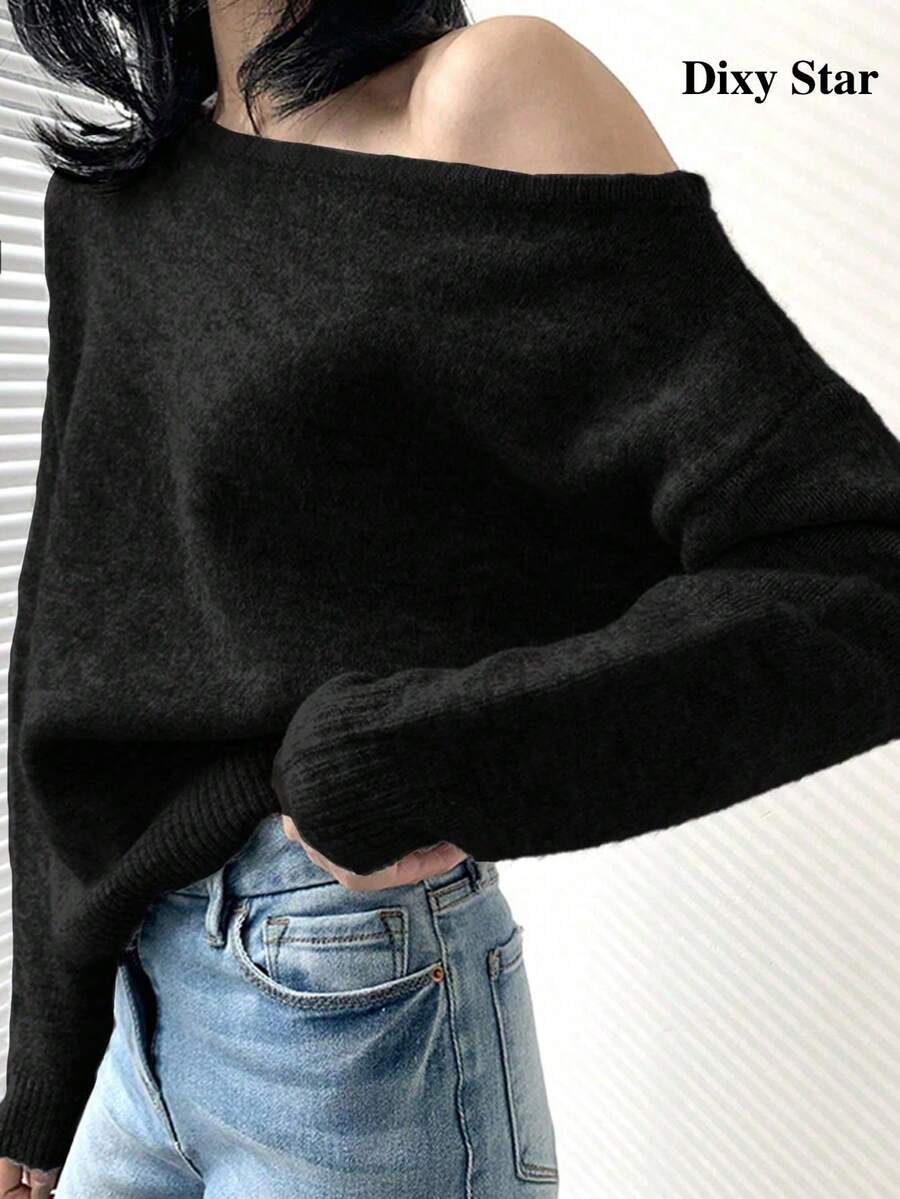 Women's Mohair Sweater Cold Shoulder Off Shoulder Asymmetrical Loose Slouchy Top - Black - View 1