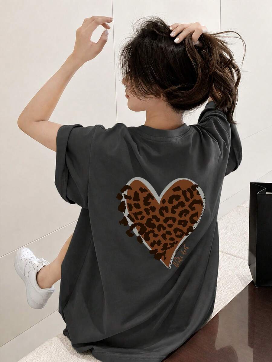 Women's Casual Round Neck Loose Fit Heart & Leopard Print Letter Graphic Short Sleeve T-Shirt, Spring/Summer - Dark Grey - View 1