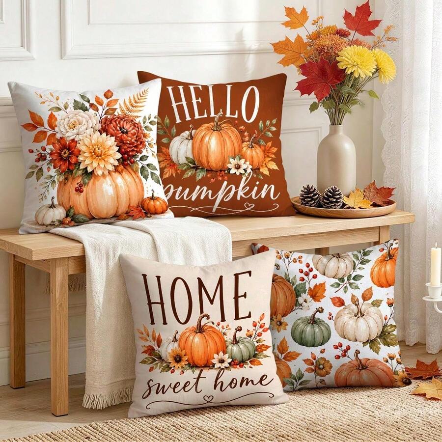 4pcs Warm Pumpkin Home Text Pattern Single-Sided Printed Pillowcases/Cushion Covers, Multi-Scene Atmosphere Decorative Pillowcases, Suitable For Living Room, Sofa, Bedroom, Pillow Insert Not Included, 17.7x17.7 Inches - Orange - View 1