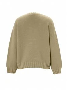 Sweater Rajut Tebal Leher Bulat Wanita, Pullover Pendek Longgar Lengan Panjang Bahu Jatuh, Atasan Rajut Warna Polos untuk Perjalanan Sehari-hari Musim Gugur/Dingin - Hijau - View 6