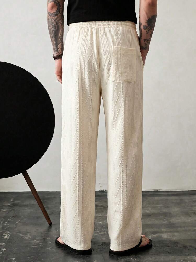 Men's Diamond Gold Wheat Flower Jacquard Knit Wide Leg Straight Fit Loose Casual Relaxed Daily Commute Tapered Drawstring Elastic Waist Draped Long Pants - Apricot - View 5