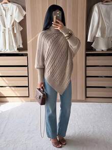 Women's AutumnWinter Fashion Solid Color High Neck Batwing Sleeve Asymmetric Hem Sweater - Dark Apricot - View 5