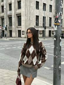 1pc Autumn/Winter Vintage Style Argyle Round Neck Sweater, Soft & Comfortable, Casual Slouchy Contrast Color Knit Pullover - Multicolor - View 3