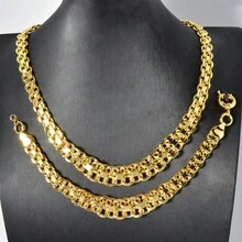 粗獷風 18K 鍍金銅嘻哈鏈條項鍊手鍊珠寶套裝 女款 - 金色2 - 查看 5