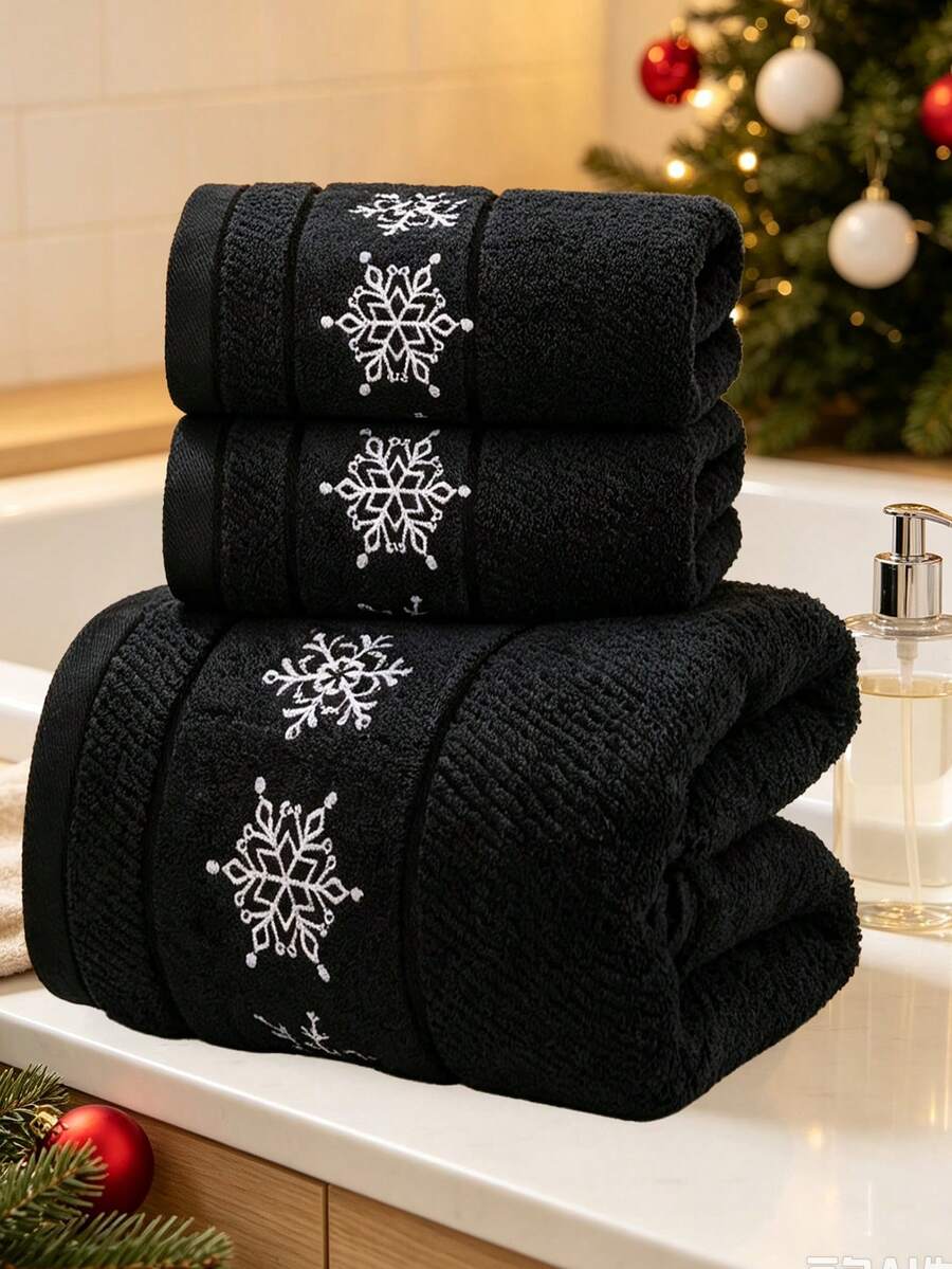 QIBHI 1/3件純棉聖誕刺繡毛巾,棉質毛圈布,節日裝飾雪花浴巾,純色浴巾/毛巾,聖誕禮物,情侶派對,居家裝飾 - 黑色 - 查看 1