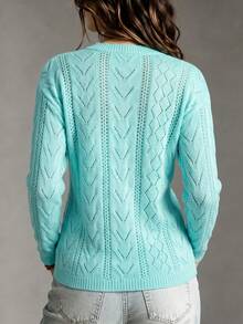 Suéter de punto acanalado con cuello en V y volantes de unicolor para mujer, top de punto de manga larga tipo pulóver, blusa casual con textura hueca, adecuada para uso diario en otoño - Azul Cadete - Ver 3