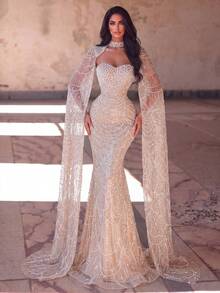 Elegant Strapless Mermaid Long Dress With Cape Sleeves, Beaded Embroidery, Slim Fit Party Wedding Fall - Champagne - View 4