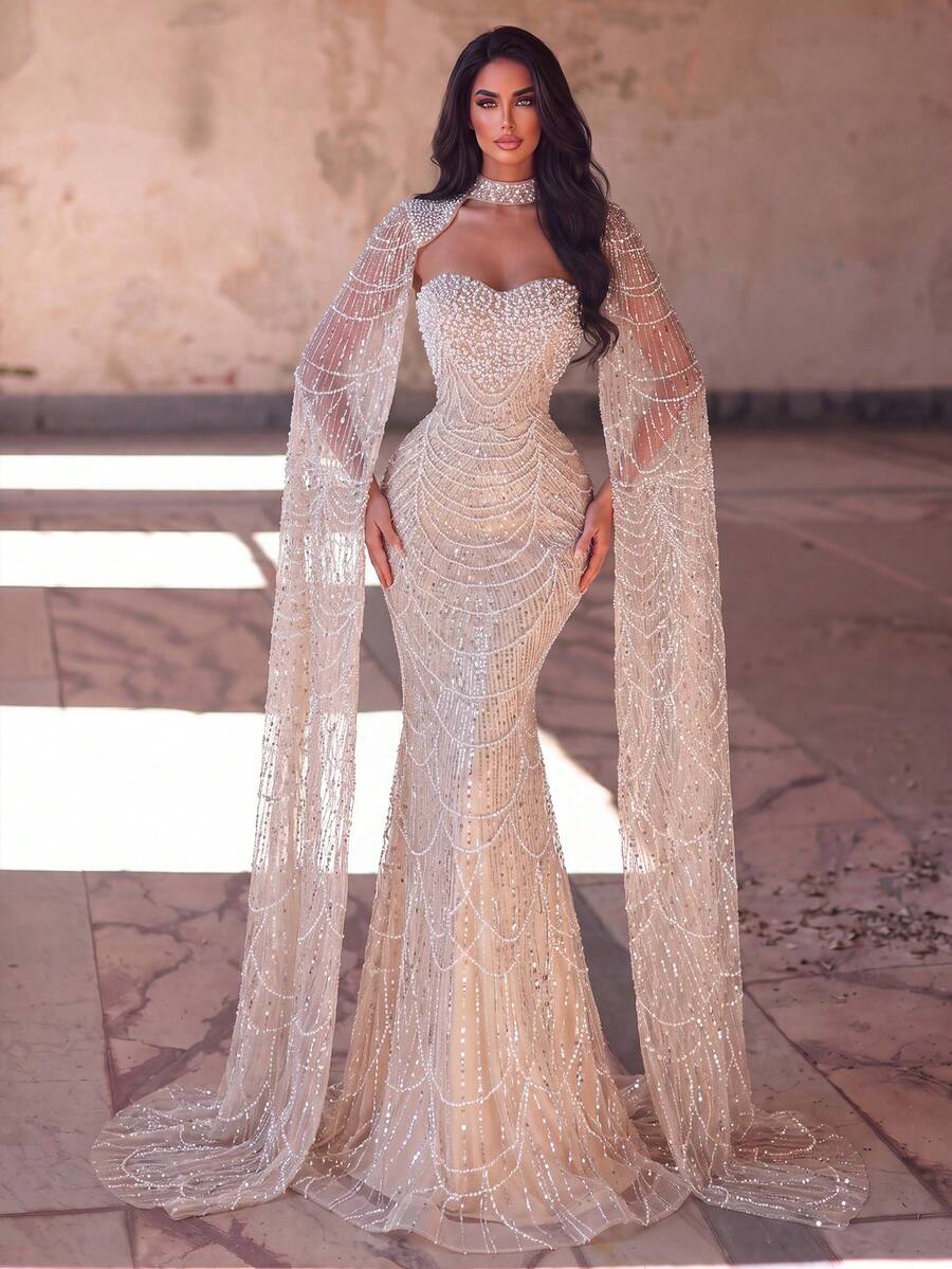 Elegant Strapless Mermaid Long Dress With Cape Sleeves, Beaded Embroidery, Slim Fit Party Wedding Fall - Champagne - View 1