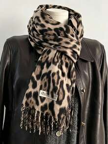 1pc Unisex Leopard Print Scarf, Soft Warm Oversized Tassel Shawl, Cozy Animal Print Winter Wrap For Autumn Winter, Cold Weather, Travel & Outdoor - Multicolor - View 2