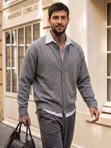 Men's Solid Light Grey V Neck Knit Cardigan, Button Down Loose Soft Layering Sweater Outerwear - Grey - View 8