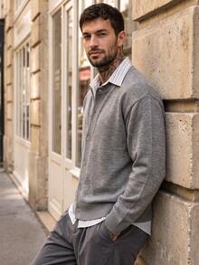 Men's Solid Light Grey V Neck Knit Cardigan, Button Down Loose Soft Layering Sweater Outerwear - Grey - View 10