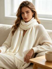 1pc Autumn/Winter Warm Solid Color Scarf, Minimalist Versatile Neck Warmer Shawl, Multiple Colors Available - White - View 1