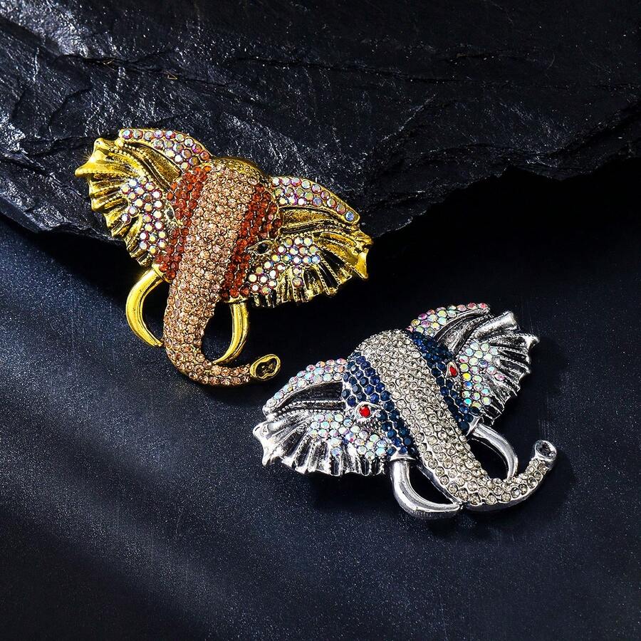 1pc Vintage Exaggerated Elephant Head Animal Brooch, Zinc Alloy Rhinestone Inlaid Men's Women's Suit Jacket Backpack Hat Pin Accessory, Suitable For Party Wear, DIY Accessory