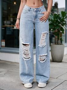 Women's Casual Light Wash Straight Leg Jeans With Distressed Details, Button Closure, Long Length, Non-Stretch Fabric, Perfect For Creating Grunge Or Y2K Style - Light Wash - View 2