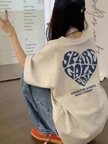 Women's Casual Round Neck Letter & Heart Print Loose Fit Short Sleeve T-Shirt, Versatile For Spring/Summer - Light Gray - View 1