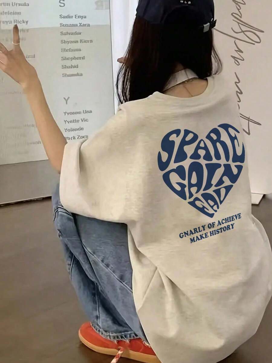 Women's Casual Round Neck Letter & Heart Print Loose Fit Short Sleeve T-Shirt, Versatile For Spring/Summer - Light Gray - View 1