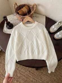 Sweater Rajut Pendek Lengan Panjang Model Kerah Bulat Berlubang Berlian Warna Polos Minimalis untuk Anak Perempuan, Cocok untuk Pakaian Kasual di Musim Semi, Gugur, dan Dingin - Aprikot - View 4