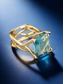 1pc Elegant Cubic Zirconia Ring For Women, Wedding Engagement Party Jewelry, Valentine's Day Gift - Gold + Light Blue - View 7