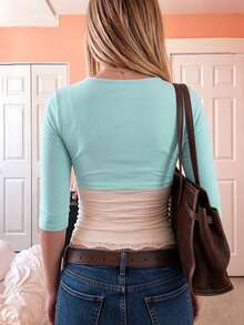 Women Y2K Ribbed Deep V Front Tie Crop Top, Three Quarter Sleeve Slim Fit Solid Color Casual Cropped Blouse - Blue - View 5