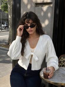 Women's Solid Color Knit Cardigan With Bow Design, Suitable For Wedding, College, Office, Autumn - Off-white - View 1