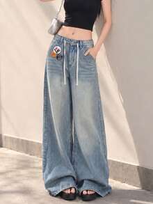 YEAE | Celana Jeans Denim Wanita Biru Gaya Kerja Amerika, Desain Longgar, Niche Slimming, Celana Panjang Hingga Lantai - Medium Wash - View 1