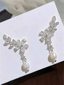 1 Pair Fashion Luxury Women's Personalized Leaf Petal Flower Faux Pearl Dangle Earrings With Rhinestones, High-End Jewelry Accessory - Silver - View 4