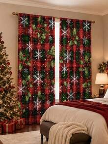 2Pcs Christmas Holiday Curtains, Vintage Red & Green Plaid Holly Snowflake Print Pattern Curtains, Semi-Blackout Rod Pocket Holiday Window Decor, Suitable For Living Room And Bedroom, Rod Not Included - Multicolor - View 7