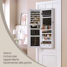 SONGMICS Armadio Portagioie da Muro con Specchio Senza Cornice, 6 Luci a LED, da Porta o Muro, con 2 Cassetti, Bianco - Bianco - Visualizzare 6