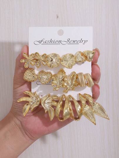 6-18PCS Gold Flower Heart Leaf Earrings Set