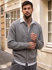 Men's Solid Light Grey V Neck Knit Cardigan, Button Down Loose Soft Layering Sweater Outerwear - Grey - View 9