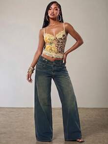 Eshe Glo Women's Dark Blue Vintage Washed Asymmetrical Waist Low-Rise Wide Leg Jeans, Street Wear Y2k Autumn Loose Asymmetric Work Trousers Fall - Dark Wash - View 6