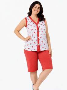 Pijama Feminino Aberto Regata Aberto na Frente Pescador Bermuda Verão Senhora Conforto - Pêssego - Visão 3