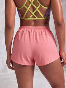 1pc Women's Shorts Solid Color Lining 2 In 1 Sports Pants, Elastic Two Pieces, Suitable For Running, Sports, Yoga, Fitness In Summer - Hot Pink - View 2