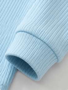Baby Boy Light Blue Vertical Ribbed Colorblock Polo Collar Knit Long Sleeve Top & Elastic Waist Cuffed Denim Pants, 2-Piece Casual Set For Spring And Autumn - Baby Blue - View 6