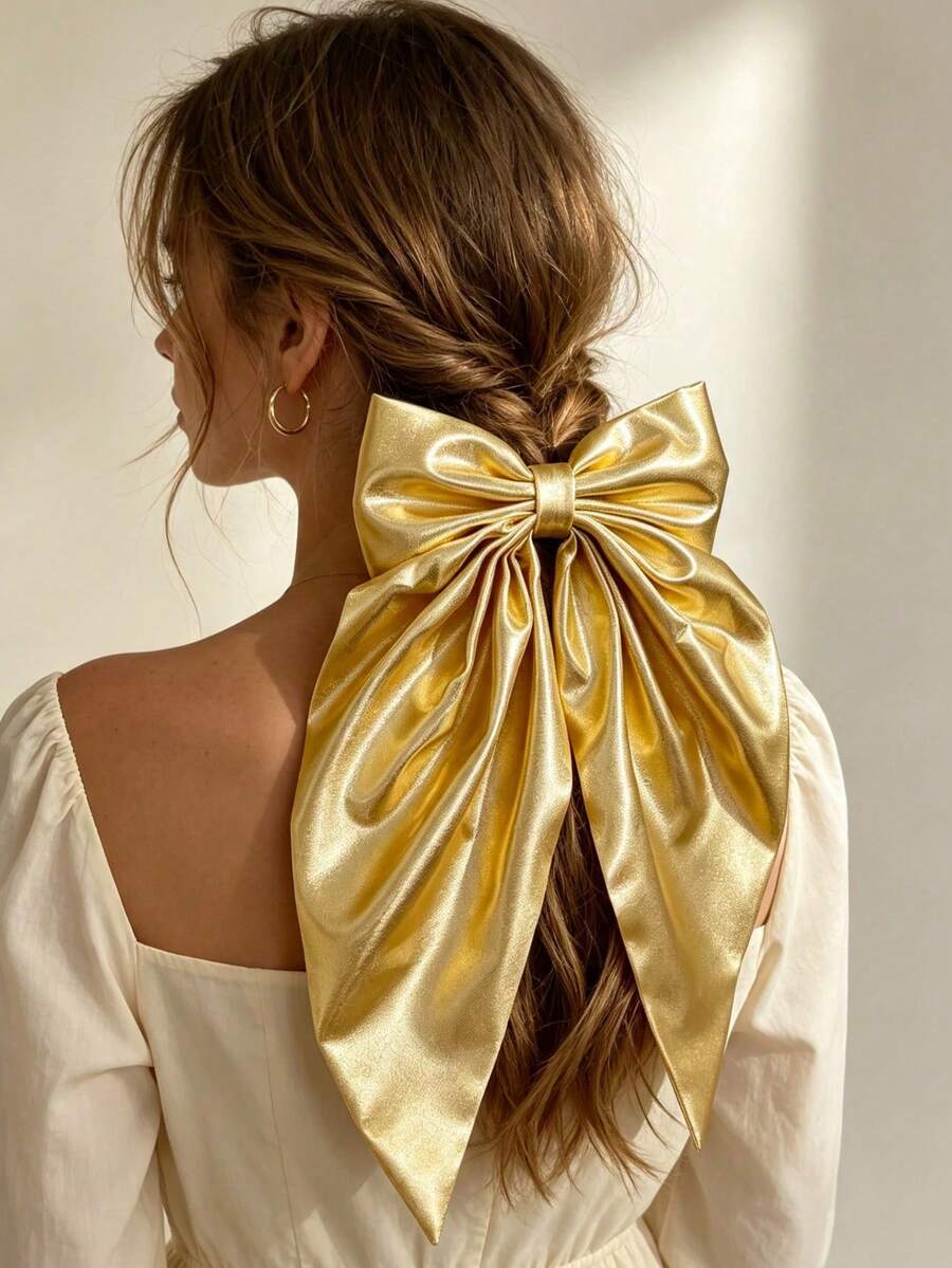 2pcs Vintage Gold & Silver Large Bow Hair Clips, Versatile Spring Hair Clips, Suitable For Children's School Outfits, Birthday Parties - Multicolor - View 1