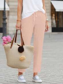 Jisfaneya Women's Solid Color Drawstring Casual Straight Leg Pants With Pockets Pink - Pink - View 5