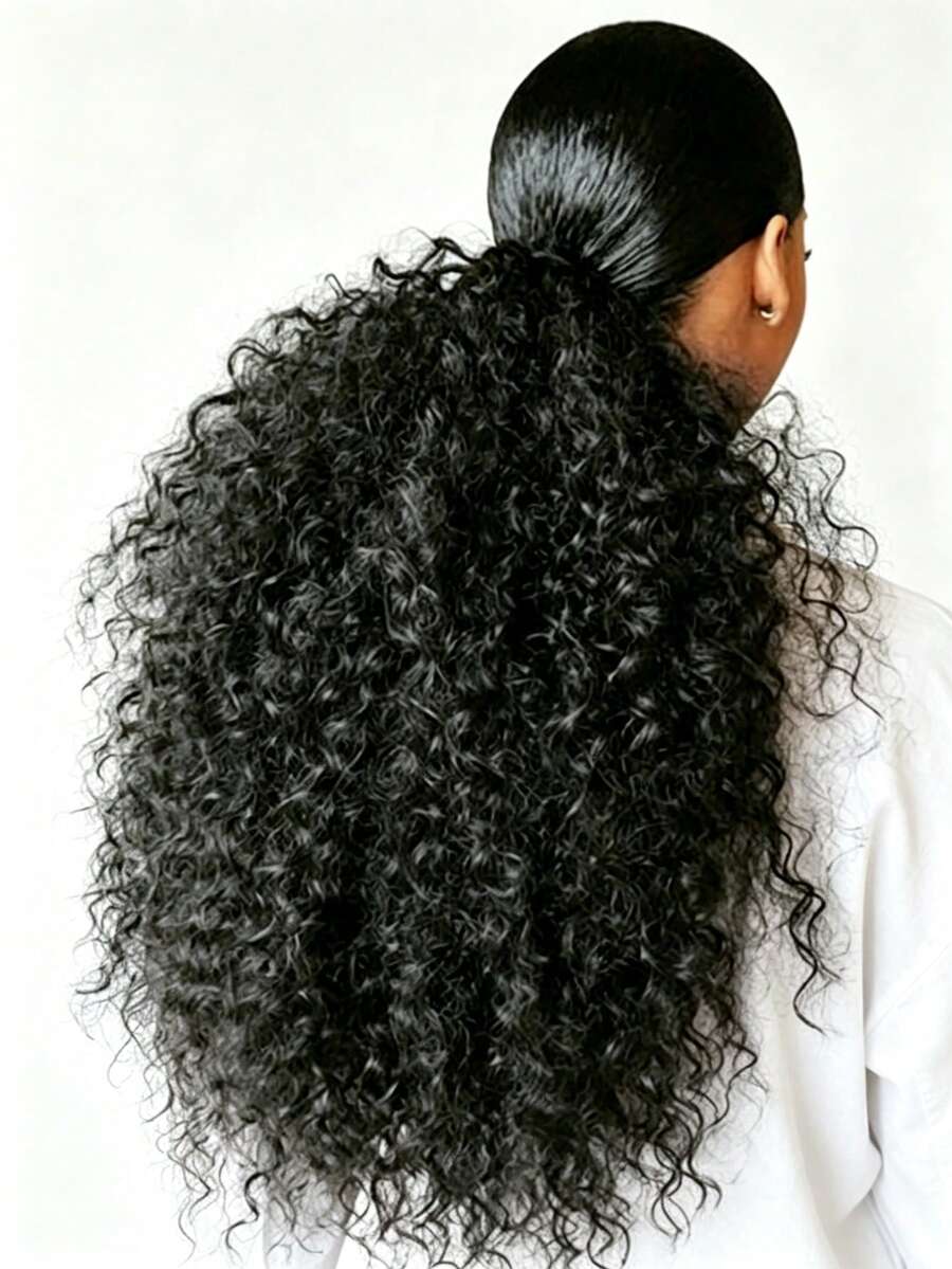 20 Inch Drawstring Ponytail Wig, Synthetic Fiber Long Curly Hair Wig, Small Curl Ponytail Extension, Suitable For Women - Black - View 1