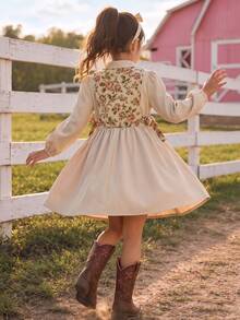 Tween Girls Tween Girl Long Sleeve Dress, Autumn/Winter, Apricot Floral Embroidered Fabric Patchwork Faux Two Pieces Design, Back Waist A-Line Bow, Cute Pastoral Casual Vacation Street Daily Outfit - Multicolor - View 3