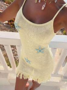FOR BEAUTY Women's Y2K Light Yellow Spaghetti Strap Dress, Starfish Print Fringe Hem, Sexy Backless Summer Vacation Beach, Boho Chic - Pink Yellow - View 7