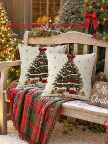 1/2/4Pcs Retro Snowy Christmas Tree Decorative Pillow Cover,Gingerbread Man Gift Box Snowy Xmas Tree Print Cushion Case,Cozy Farmhouse Xmas Home Decor - Multicolor - View 6