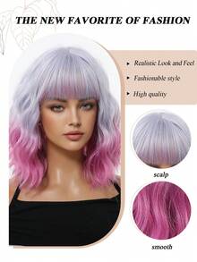 12 Inch Ombre Lilac To Pink Short Wavy Bob Wig For Women Straight Bangs Heat Resistant Synthetic Wig Colorful Cosplay Wig For Halloween Costume Party Carnival - Multicolor - View 5
