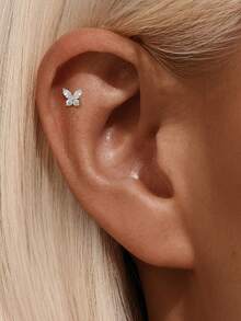 AnlaScheer 1pc Moissanite 925 Sterling Silver Marquise Leaf Flat Back Helix Cartilage Piercing Stud, Women's Engagement Wedding Bridal Jewelry - Silver - View 3