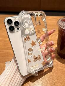 1pc Fashion Autumn Theme Coffee Cup Design Phone Case With Maple Leaf And Bow Print Pattern, Suitable For IPhone18 18pro 18promax 17 17pro 17 Pro Max, 16promax 16 Plus, 15, 14, 13, 12 And 11 Models, Autumn Fashion Phone Case - Clear - View 3