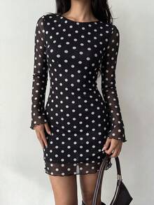 Polka Dot Backless Black Dress, Fall Women Halloween Party Concert Casual Outfit - Black - View 2