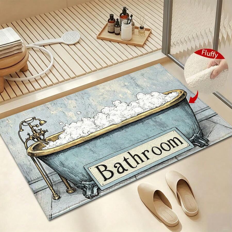 1pc Tub Pattern Design Microfiber Bath Mat,Non-Slip And Soft Bathroom Floor Rugs,Doormat,Water Absorption Mat,Machine Washable,Low Pile,TPR Backing,Knit Fabric,For Bedroom,Kitchen,Entryway,Indoor Use,Accessories & Home Decor,Perfect New Home Gift - B - View 1