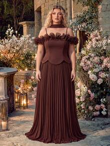 QOQ Women Plus Size Elegant Romantic Vintage Thin Strap Sleeveless Formal Evening Gowns Hoco Homecoming Ruffle Dinner Date Cocktail Party Maxi Dresses - Brown - View 6