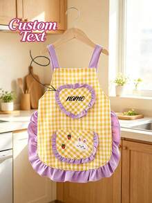 Personalized Mini Apron, Customizable Name, With Pocket And Cartoon Rabbit Pattern, Unique Milestone Gift For Little Chefs And Little Artists, Handmade Keepsake - Multicolor - View 8