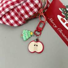 1pc Christmas Theme Cartoon Keychain, Apple Slice With Holiday Pendant, Colorful 3D Character Charm, Bag Accessory, Lobster Clasp Design, Cute Festive Gift, Multiple Styles - A - View 10