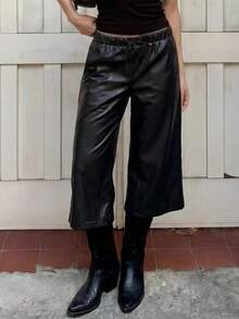 SCARLUX Women's Y2K Black Faux Leather Wide Leg Cropped Pants, Drawstring Elastic Waist, Suitable For Back To School Season Daily Streetwear - Black - View 6